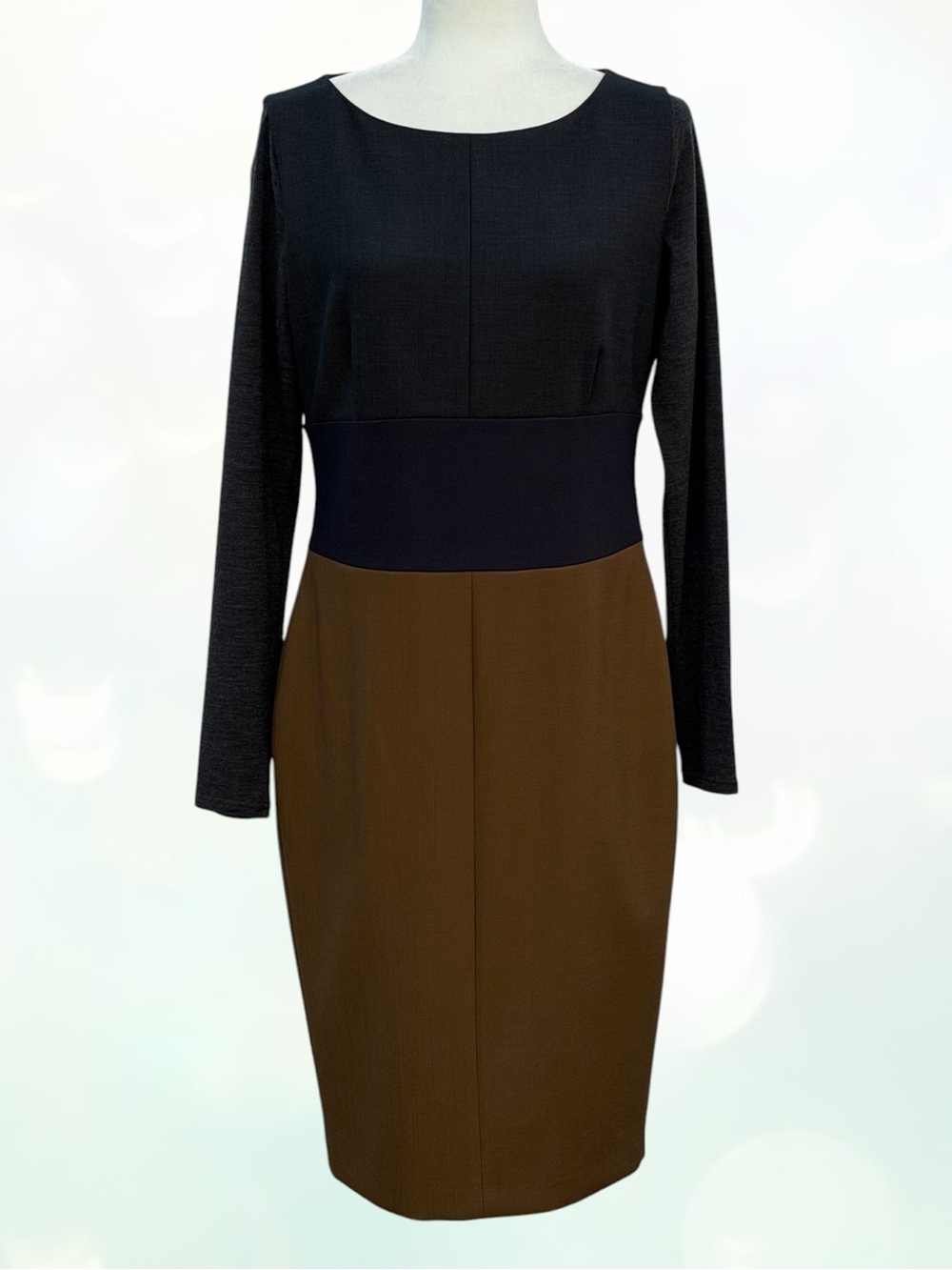 MaxMara Italy Gray Navy Brown Colorblock Wool Blend Stretch Midi Dress, 12